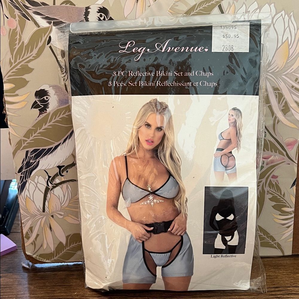 Leg Avenue Reflective Bikini Set with Chaps - Light Blue and Black